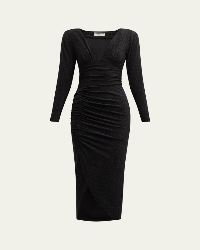 Ruched Shimmer Bodycon Midi Dress